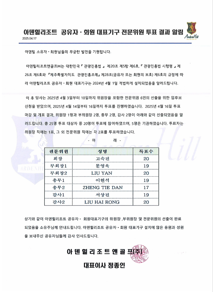 아덴힐리조트 공유자 &middot; 회원 대표기구 전문위원 투표 결과 알림
